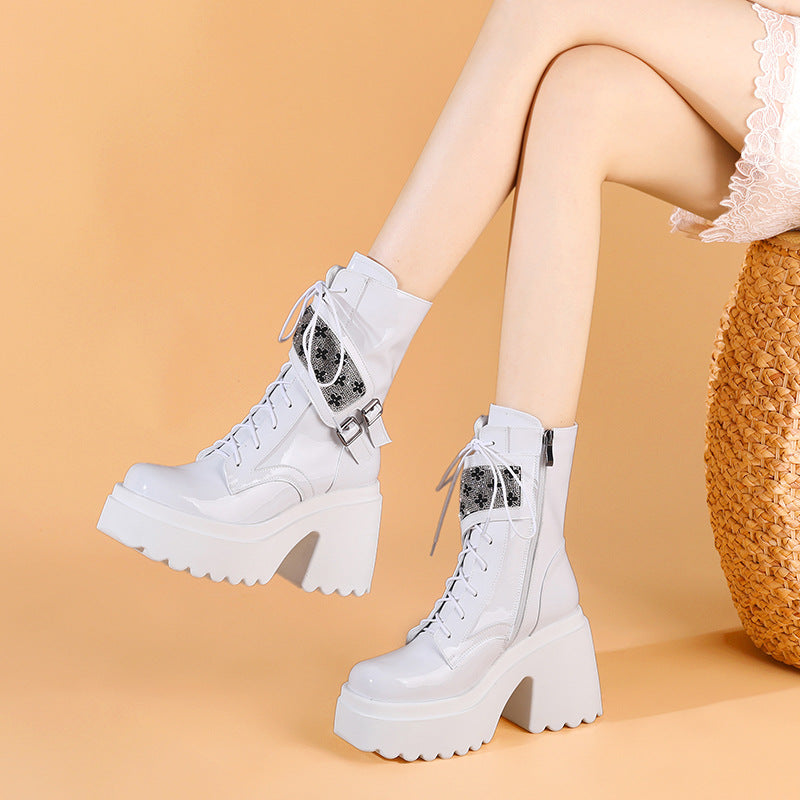 Women's Short Side Zipper Height Increasing Waterproof Platform Women's Leather Boots