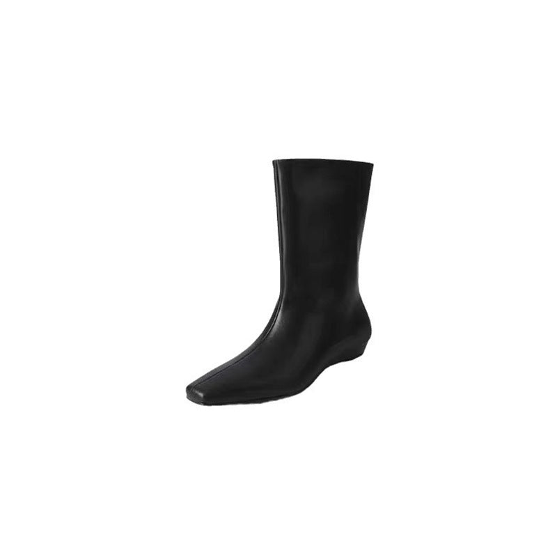 Women's Korean Square Toe Flat Short Fashion Thin Wide Tube Skinny Women's Leather Boots