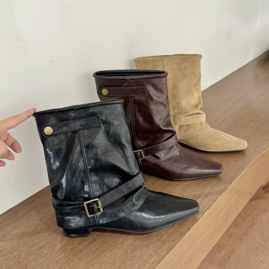 Women's Western Style Flat Booties Pile Belt Buckle Boots