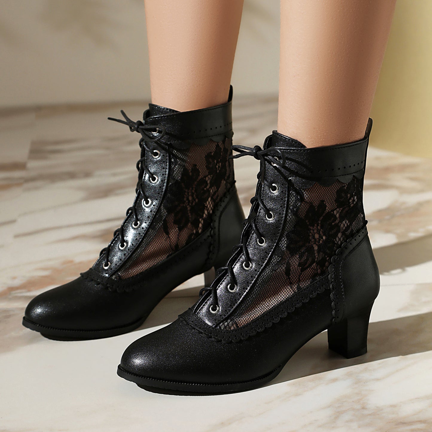 Laze Gauze Short British Style Mesh Round Toe Mid Women's Leather Boots