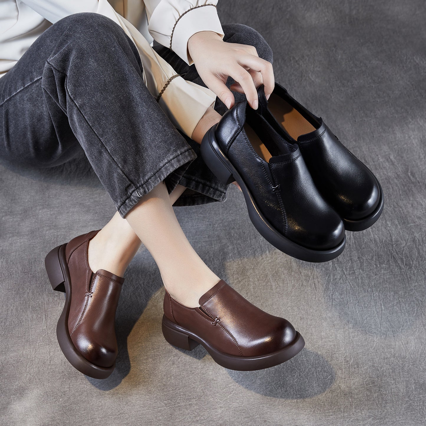 Women's Genuine Simple Round Head Chunky Platform Loafers