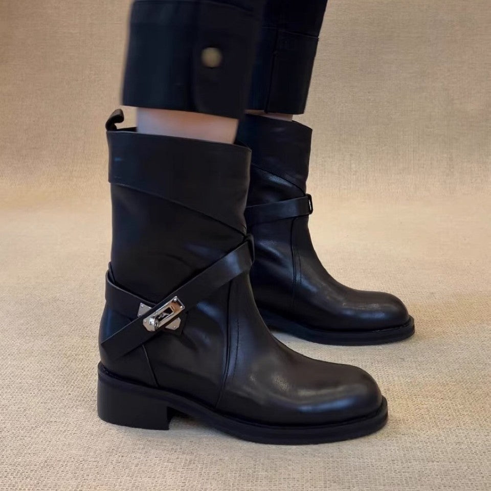 Style Round Toe Belt Lock Daily Chunky Ankle Graceful Fashion Women's Leather Boots