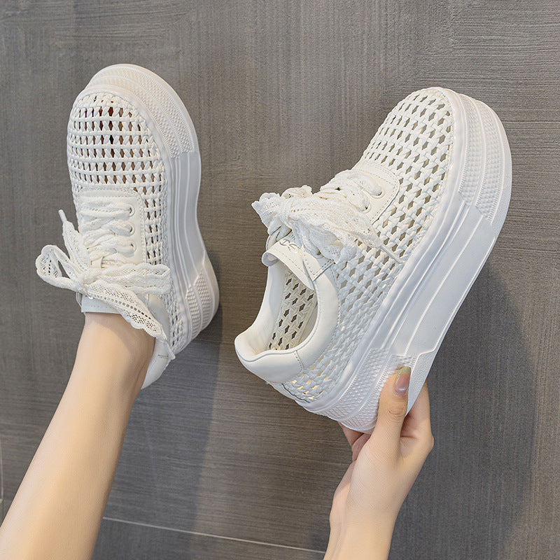 Women's Thick-soled Hollowed Fashion Summer Woven Breathable White Women's Casual Shoes