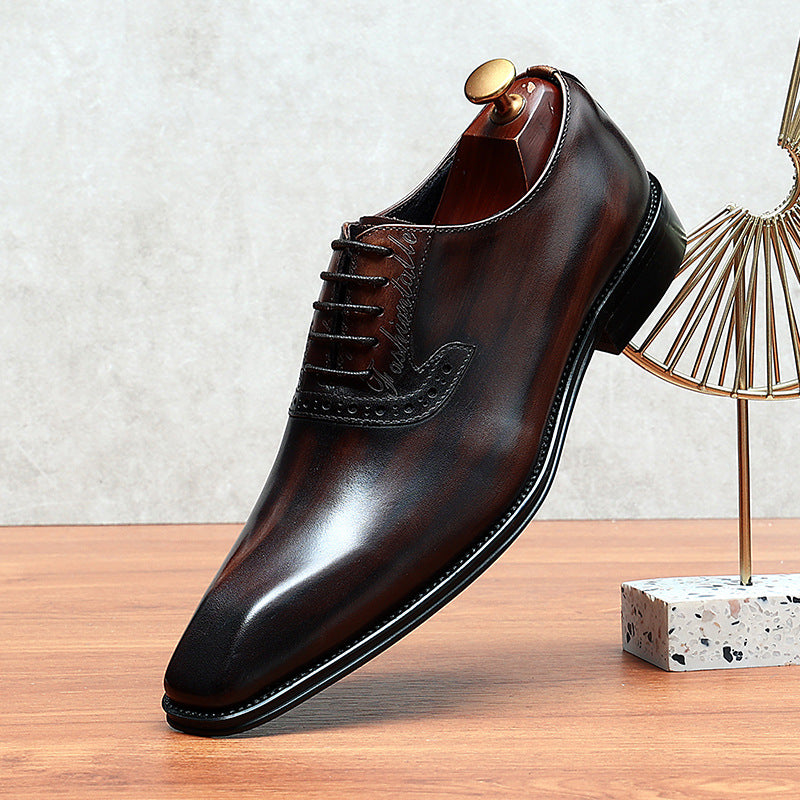 Men's Layer Cowhide Business Formal Wear Carved Genuine British Retro Leather Shoes