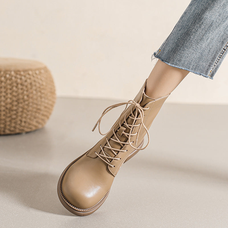 Women's For Fleece-lined British Style Thick Bottom Stretch Thin Booties Women's Leather Boots