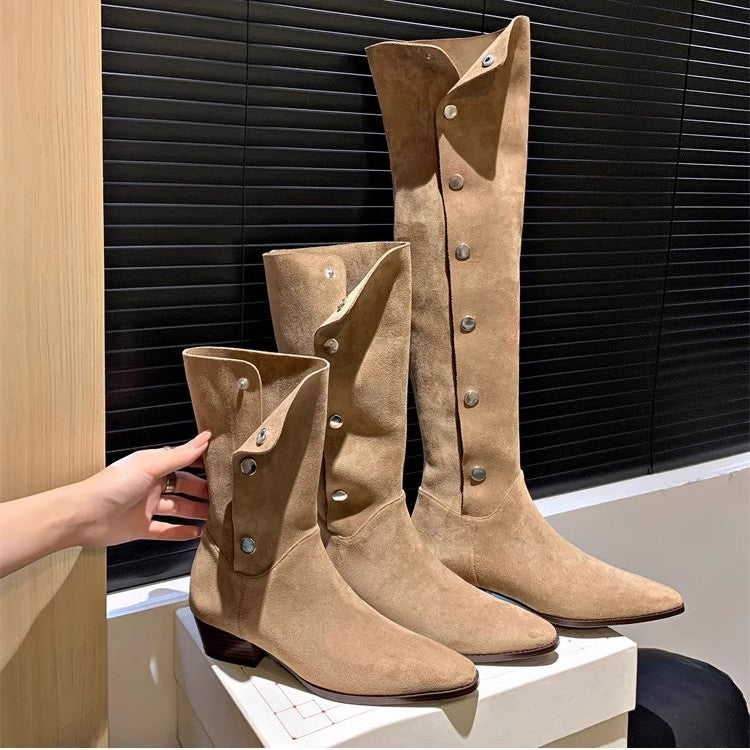 Women's Western Cowboy Button High Leg Chunky Women's Leather Boots