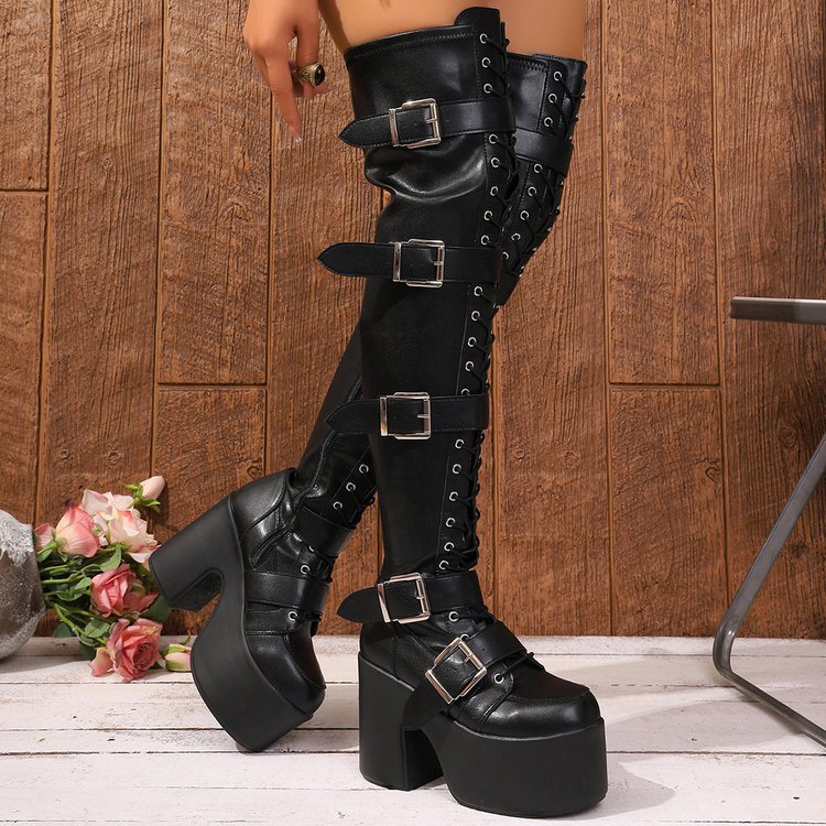 Dark Asian Culture Punk Belt Buckle Chunky Fashion Women's Leather Boots