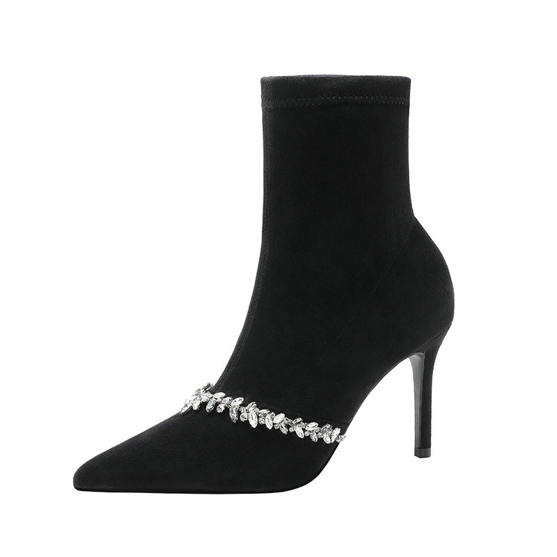 Women's Suede High French Style Rhinestone Pointed Boots