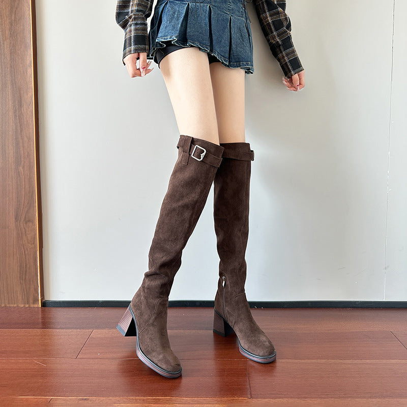 Women's Pile Style For V Cut Slimming Round Toe Thick High Women's Leather Boots