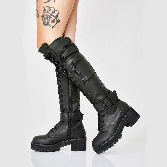 Low Platform Long Bag Buckle Knight Plus Women's Leather Boots