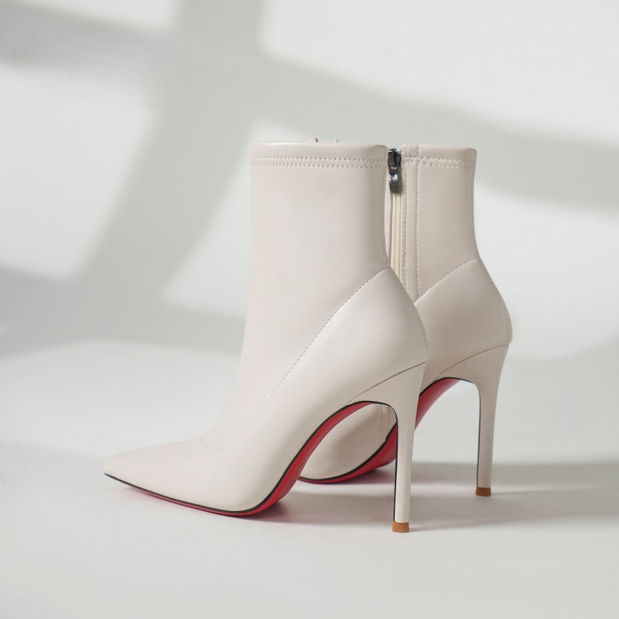 Women's Red Bottom White Ankle Stiletto Fleece-lined Mid Women's Leather Boots