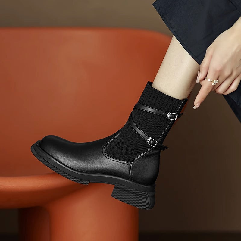 Women's Martin Widened Retro Stretch Socks Brown Platform Boots