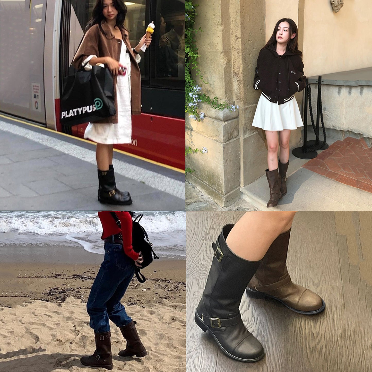 Women's Chunky Retro Wide Tube Middle Riding Belt Women's Leather Boots