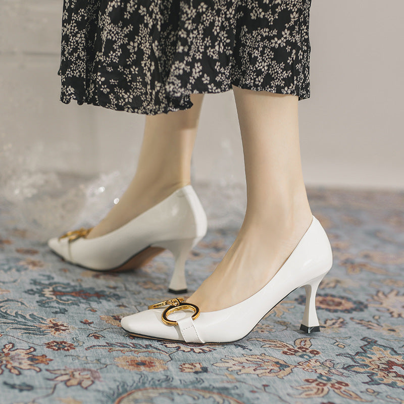 Women's Buckle Spring French Lady Style Stiletto Square Toe Low-cut Heels