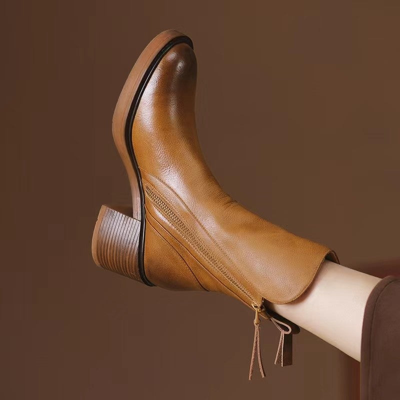 Women's Large Size Retro Length Side Zipper Martin Women's Leather Boots
