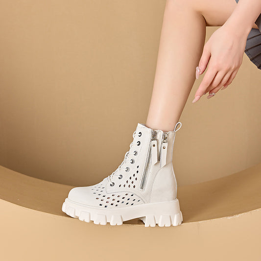 Women's Festival Authentic Hollow Out Martin Platform Height Increasing Insole Double-sided Women's Leather Boots