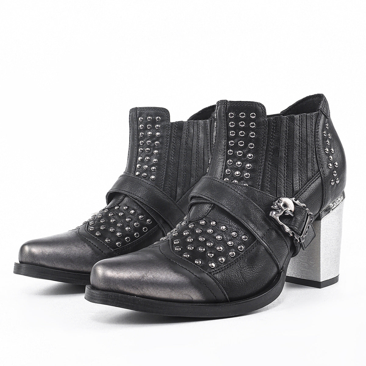 Women's & Men's American Size High Models Short Polished Rivet Chunky Booties Women's Leather Boots