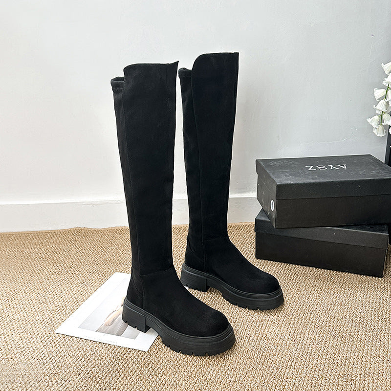 Women's Black Small Slimming Winter Thick Bottom Elastic Women's Leather Boots