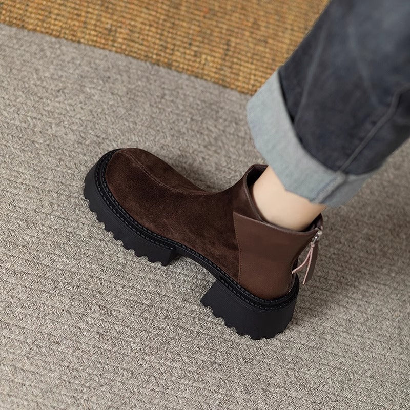 Women's Retro Round Head Genuine Platform Ankle Frosted Elevator Wild Women's Leather Boots