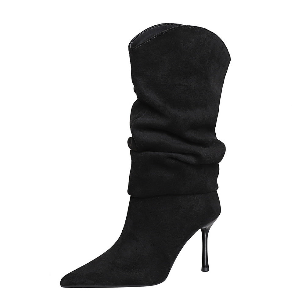 Women's Stiletto Thin Knee Pointed Pleated Pile Women's Leather Boots