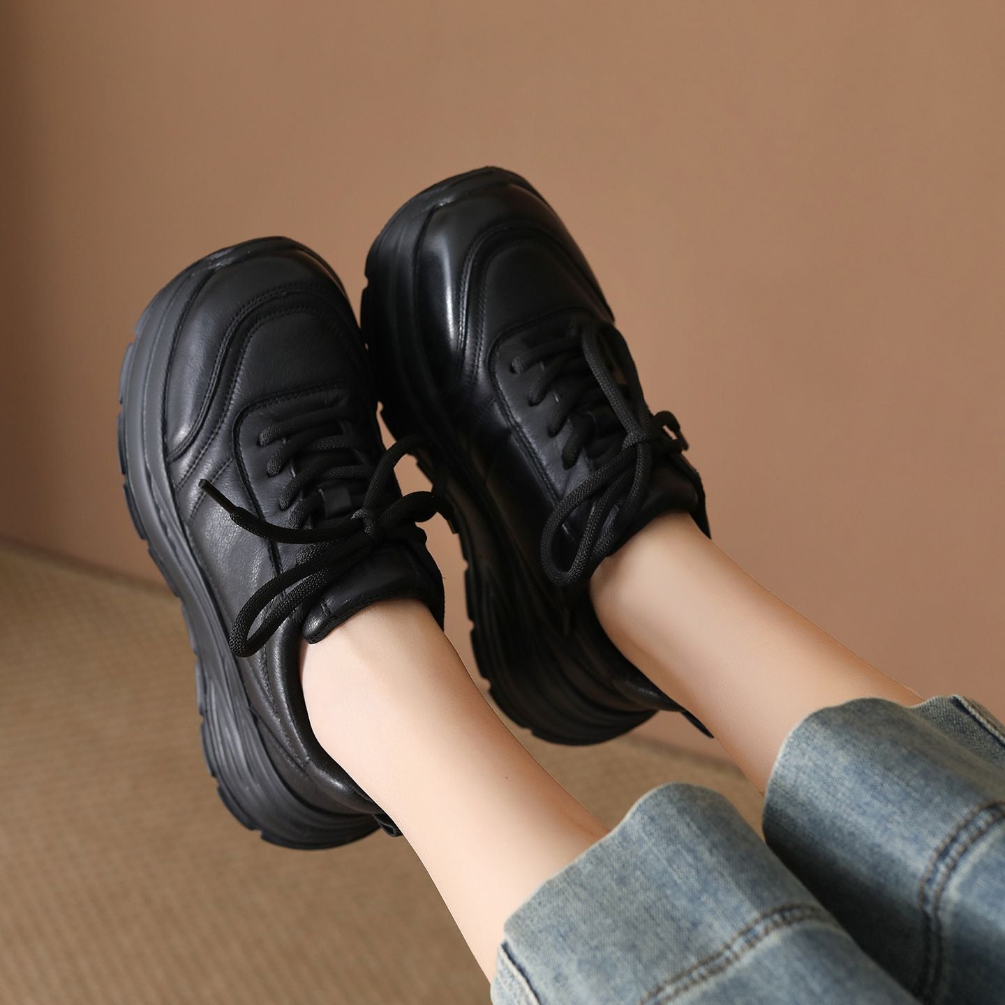 Women's First Layer Cowhide Dad Spring Fashion Boutique Platform Comfortable Casual Shoes