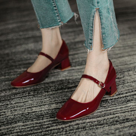 Women's Patent Chunky Pumps Low-cut Summer Versatile Women's Shoes