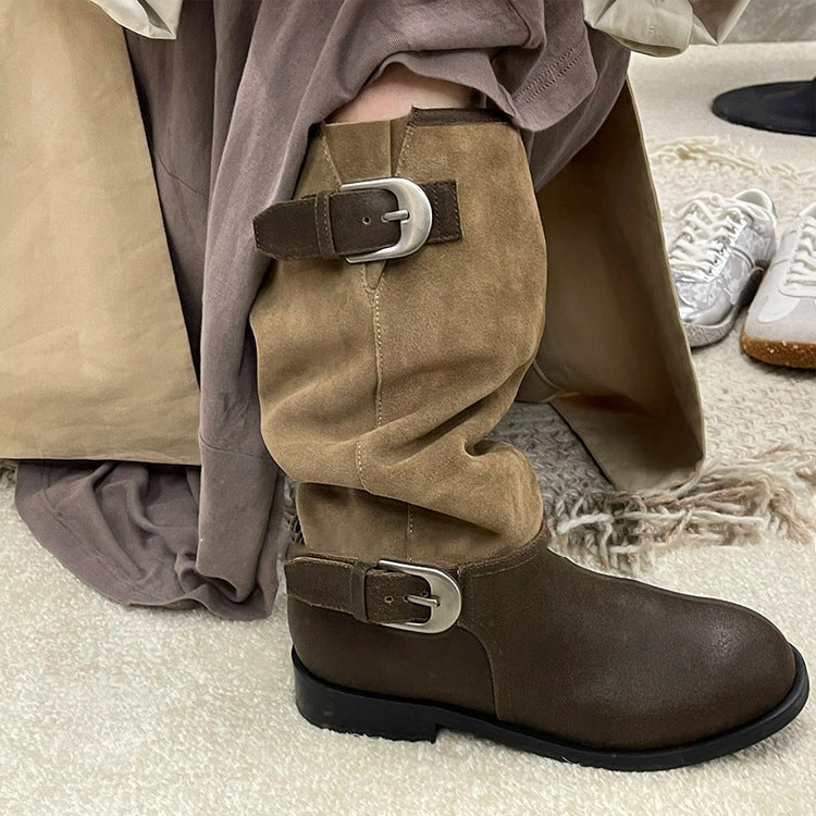 Women's Martin Belt Buckle Thick Bottom Riding Color Matching Suede Chunky Heels