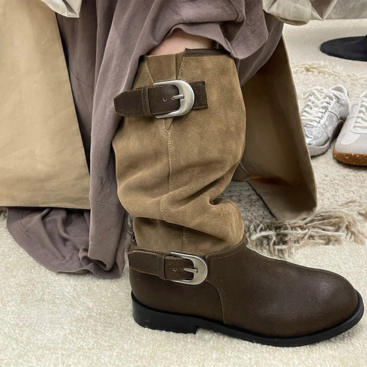 Women's Martin Belt Buckle Thick Bottom Riding Color Matching Suede Chunky Heels