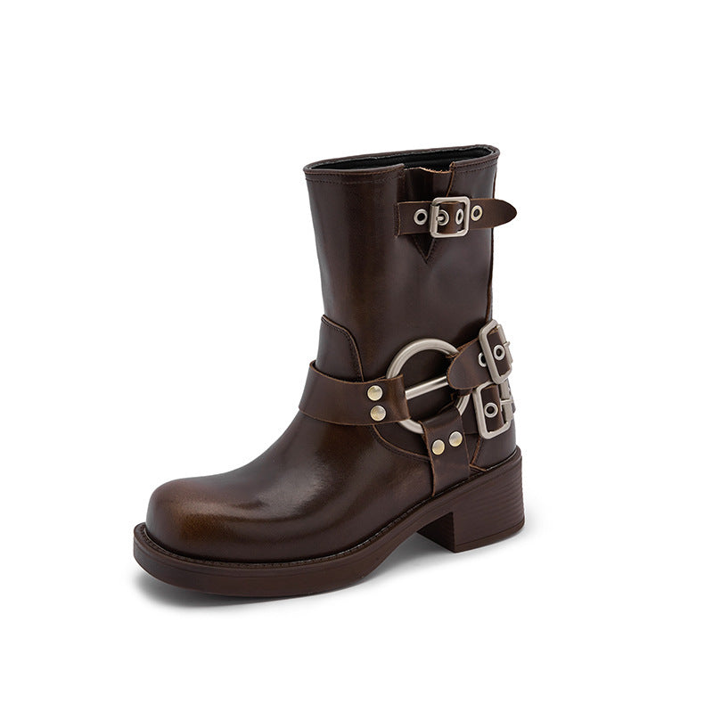 Brown Genuine Knee-high Square Head Sleeve Boots