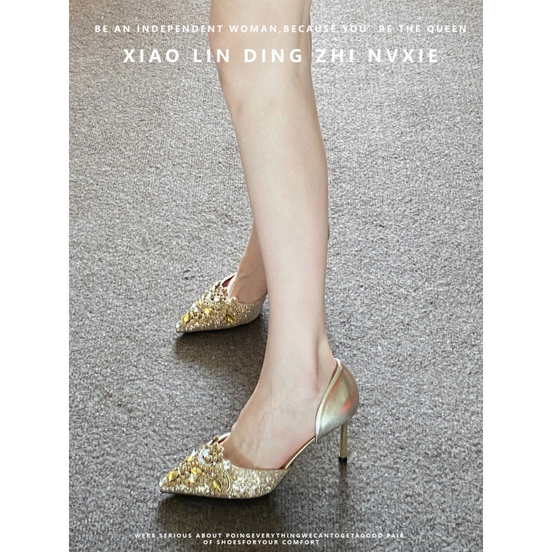 Women's Wedding Bridal French Hollow Closed Toe Stiletto High-grade Rhinestone Banquet Women's Fashion Shoes