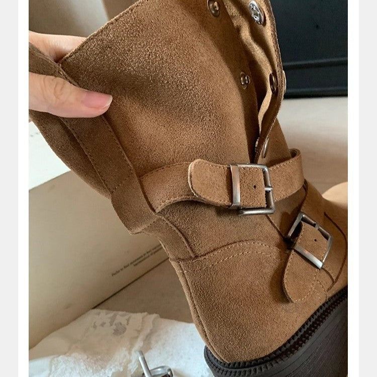 Increasing Chunky Platform Buckle Cow Suede High-heeled With Short Tube Heels