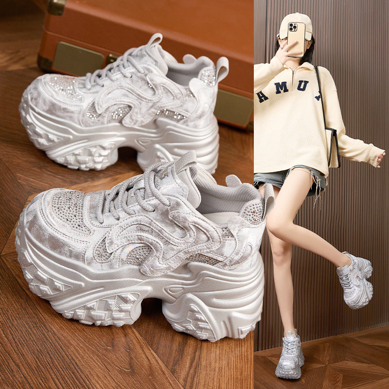 Women's Dad Spring Lightweight Fashion Rhinestone Height Increasing Women's Sports Shoes