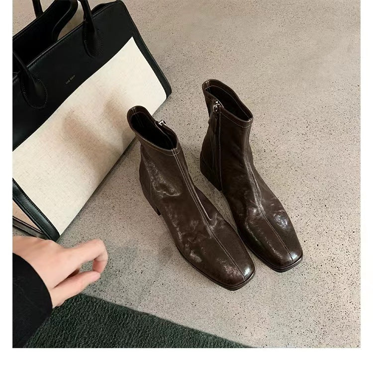 Version Square Head Washed Horse Thin Booties Chunky Platform Small Women's Leather Boots