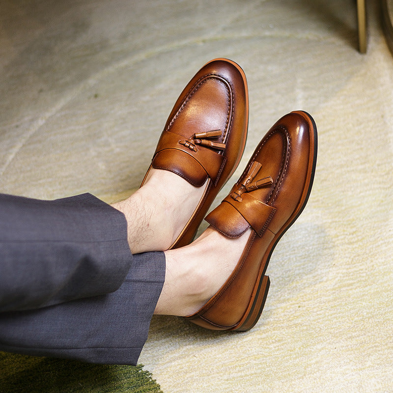 Men's Summer High-grade Round Toe Tassel Business British Style Retro Slip-on Loafers/doug Shoes