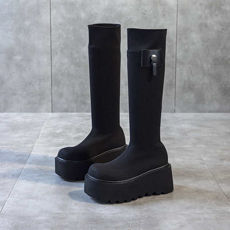 Women's Retro Knitted Stretch Length Sock Booties Thick Bottom Increased High Women's Leather Boots