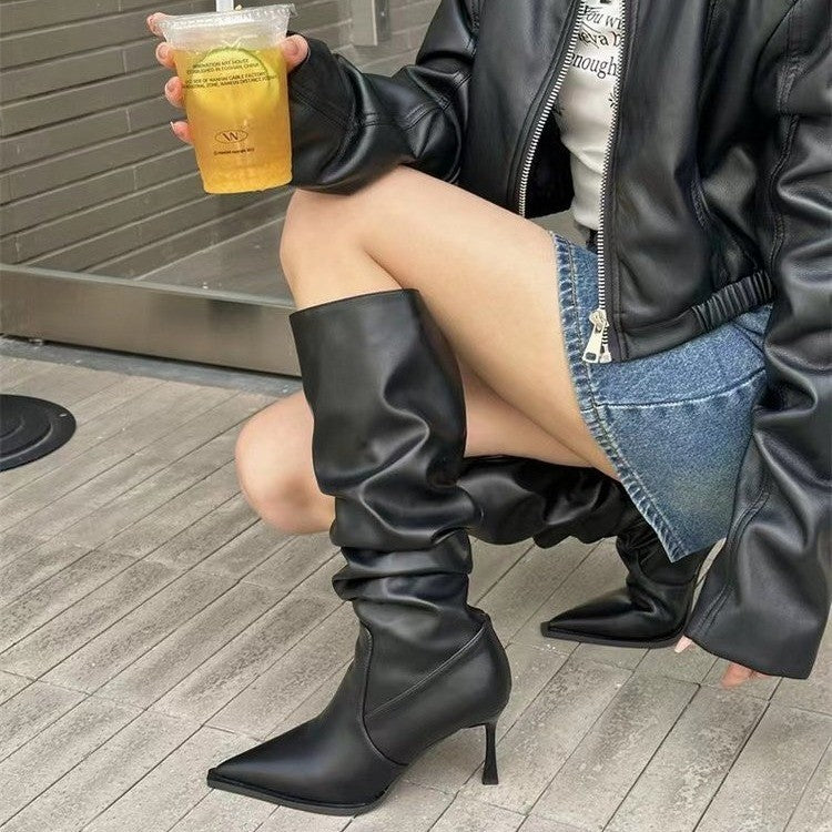 Women's Pleated High Autumn Stiletto Pile Style Boots