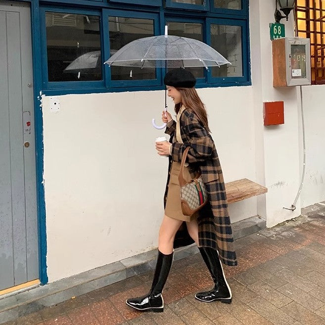 Female Below The Knee Thick Leg Patent Brown Boots