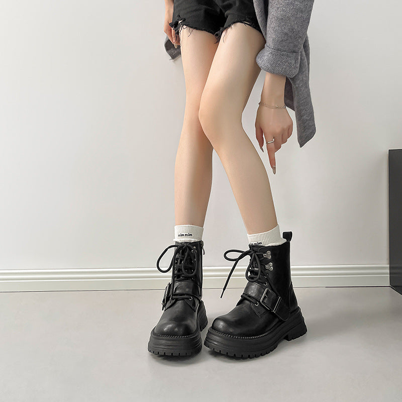 Women's British Style Brushed Thick Bottom Tooling Belt Buckle Women's Leather Boots