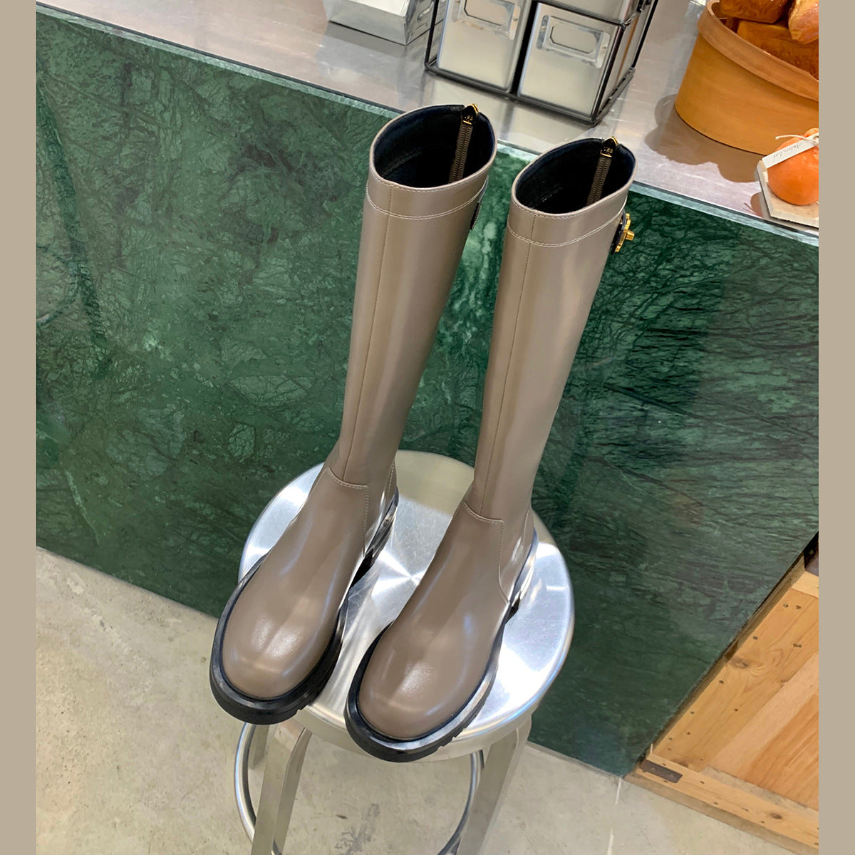 Back Zipper Round Head Thick Bottom Medium Boots