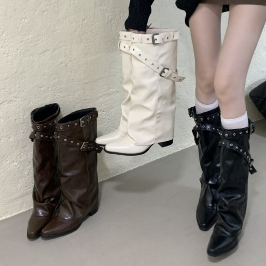 Toe Wedge Pants Pipe White Belt Boots