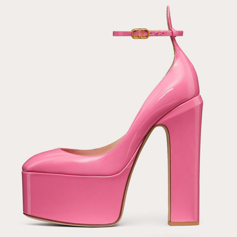 Waterproof Platform Patent Round Head Thick Bottom Ankle Ring Women's Shoes