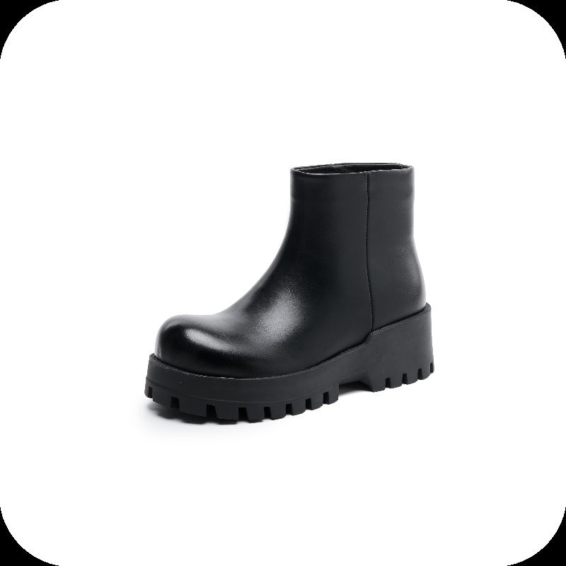 Women's Martin Smoke Pipe Black Round Chunky Women's Leather Boots