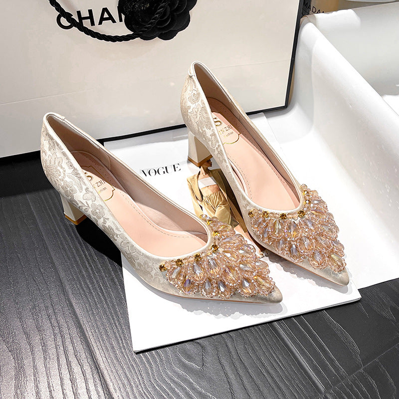 Women's Niche Pointed Toe Rhinestone French High Stiletto Women's Shoes