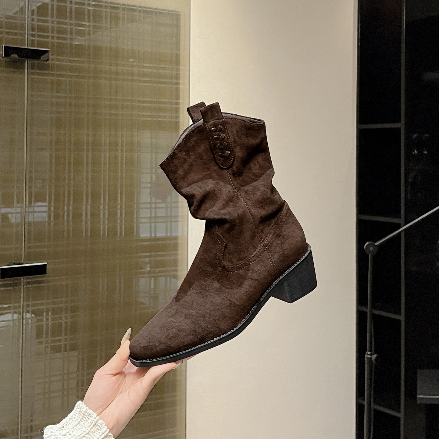Women's Small Size Brown Sand Color Short Western Cowboy Pile Women's Leather Boots