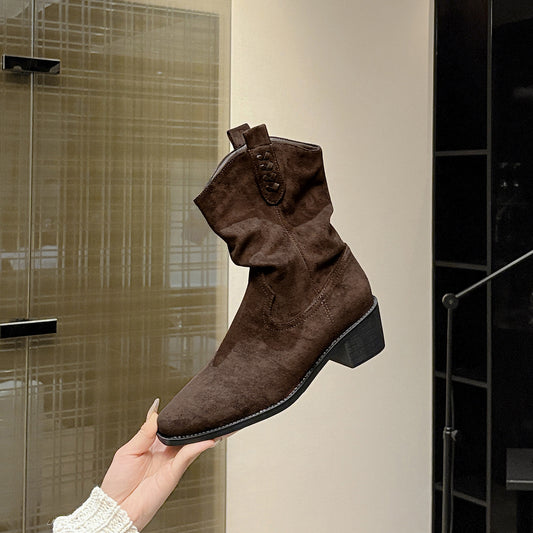 Women's Small Size Brown Sand Color Short Western Cowboy Pile Women's Leather Boots