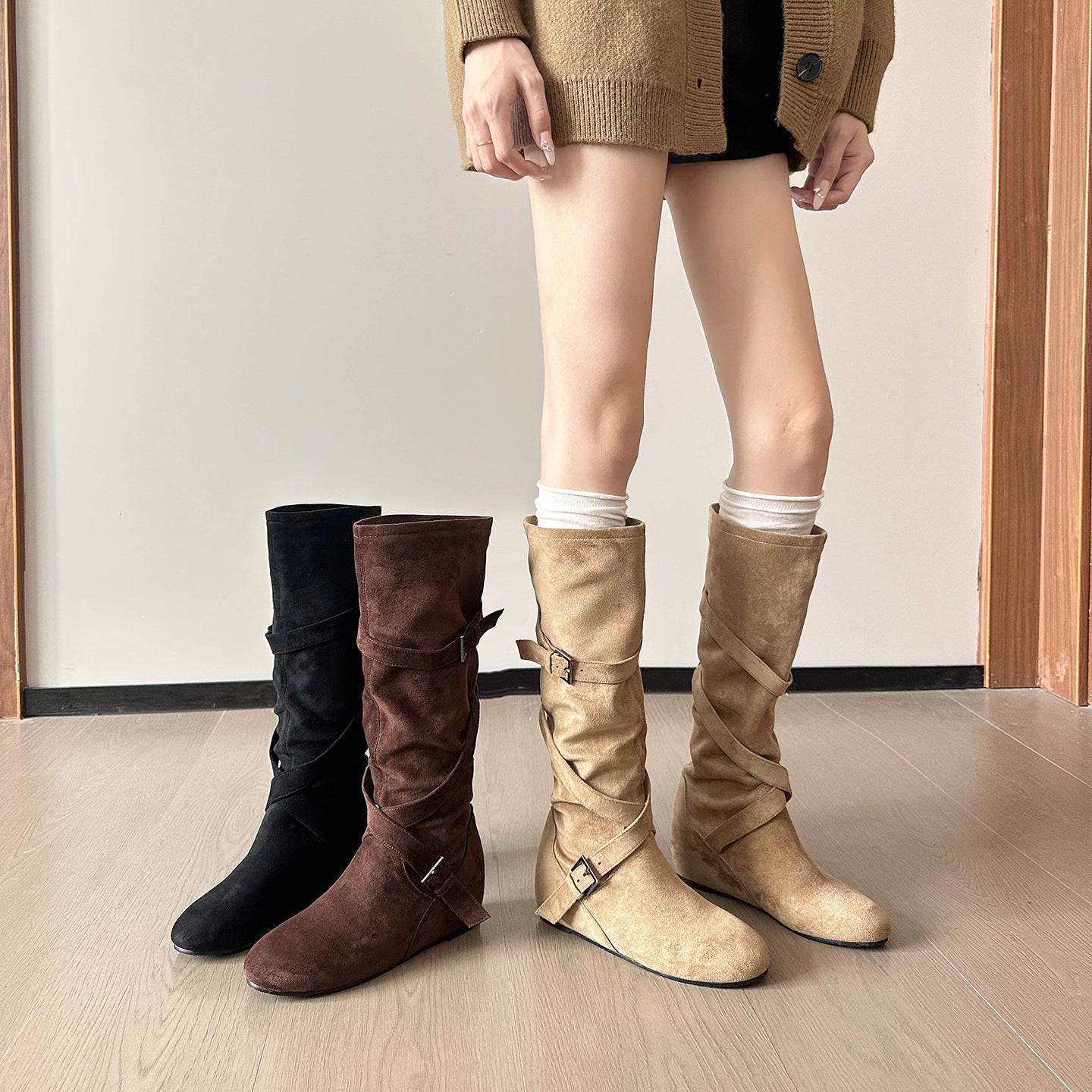 Style Height Increasing Insole Cross Buckle Women's Leather Boots