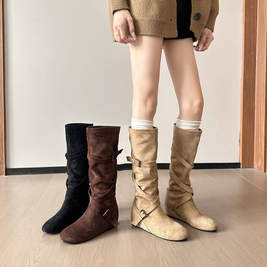 Style Height Increasing Insole Cross Buckle Women's Leather Boots
