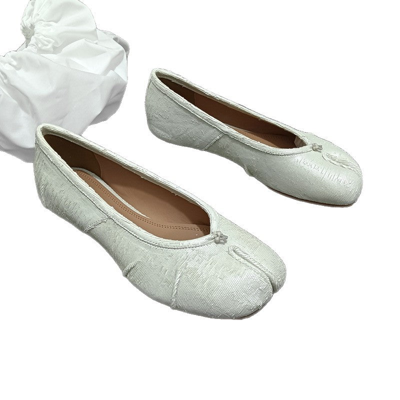 Women's White Sheepskin Split Toe Flat Ballet Women's Casual Shoes
