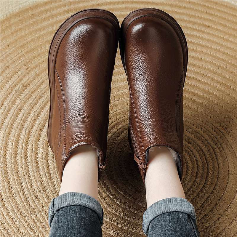 Cowhide Winter Fat Feet Mom Short Wedge Platform Wool Genuine Boots