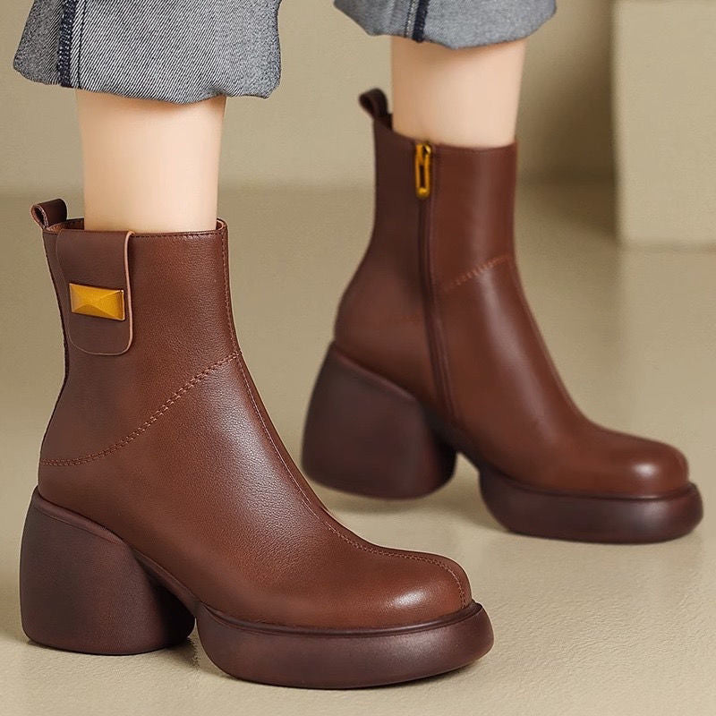 Women's Soft Chunky Platform Round Toe Smoke Pipe Retro Chelsea Women's Leather Boots